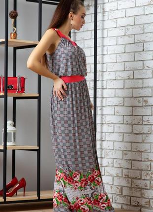 Летнее платье в пол, длинное, из трикотажа, без рукавов. цветочный принт. серое с красным  l-xl5 фото