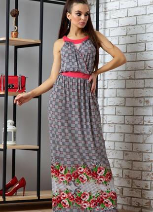 Летнее платье в пол, длинное, из трикотажа, без рукавов. цветочный принт. серое с красным  l-xl3 фото