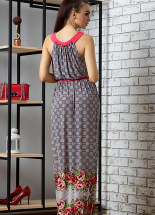 Летнее платье в пол, длинное, из трикотажа, без рукавов. цветочный принт. серое с красным  l-xl2 фото