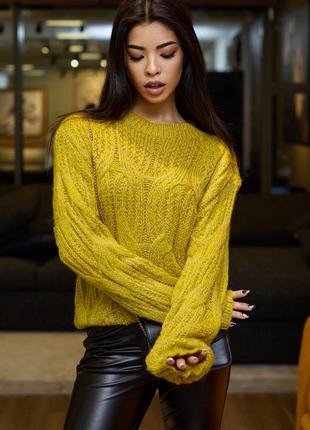 Женский свитер, джемпер с крупной вязкой. универсальный размер. оверсайз. желто-зеленый un7 фото