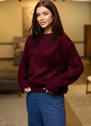 Жіночий светр, джемпер з великою в'язкою. універсальний розмір. оверсайз. марсала (бордовий) un7 фото