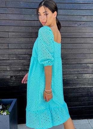 Літня коротка вільна сукня з лагідними рукавами та візерунком. батіст. синє s-m2 фото