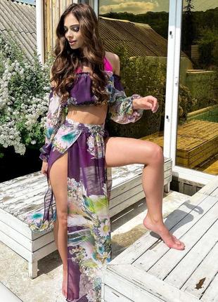 Пляжный женский модный открытый костюм. цветочный принт. фиолетовый  s-m6 фото