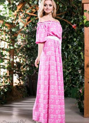 Летнее платье в пол длинное с короткими рукавами,с открытыми плечами. розовое с принтом xxl-3xl3 фото