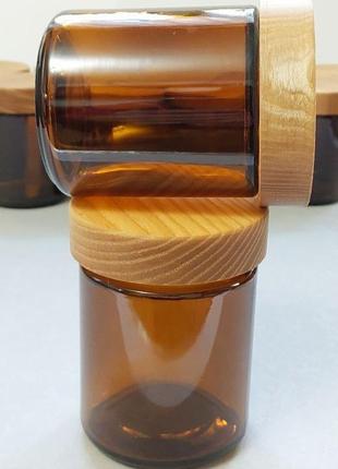 Скляна банка янтарного кольору для крафтових свічок з дерев'яною кришкою 250мл3 фото