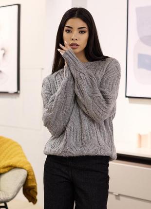 Женский свитер, джемпер с крупной вязкой. универсальный размер. оверсайз. серый un2 фото