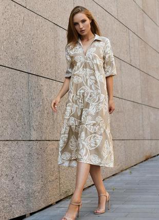Женское летнее свободное длинное платье с лиственным рисунком. кофейное  s-m4 фото