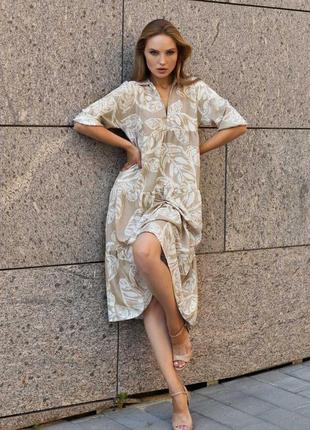 Женское летнее свободное длинное платье с лиственным рисунком. кофейное  s-m5 фото
