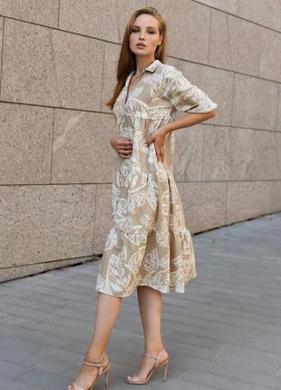 Женское летнее свободное длинное платье с лиственным рисунком. кофейное  s-m3 фото