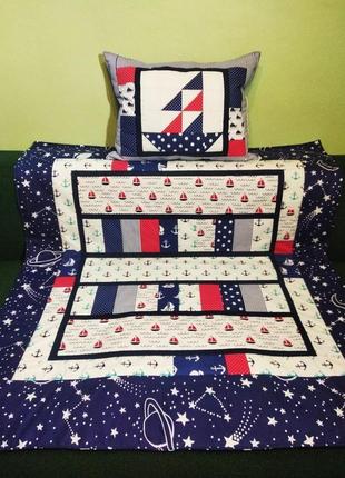 Комплект звездные кораблики. пэчворк, лоскутное одеяло, для мальчика, морской стиль