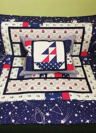 Комплект звездные кораблики. пэчворк, лоскутное одеяло, для мальчика, морской стиль