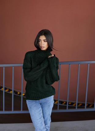 Женский свитер с высокой горловиной. универсальный размер. оверсайз. темно-зеленый un