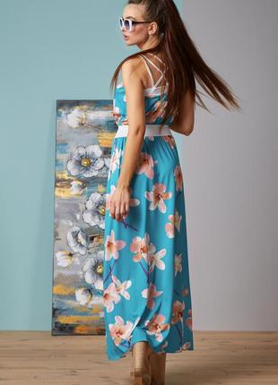 Летнее платье в пол длинное без рукавов с крупным цветочным принтом. голубое l-xl2 фото