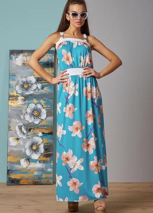 Летнее платье в пол длинное без рукавов с крупным цветочным принтом. голубое l-xl4 фото