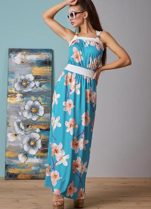 Летнее платье в пол длинное без рукавов с крупным цветочным принтом. голубое l-xl5 фото