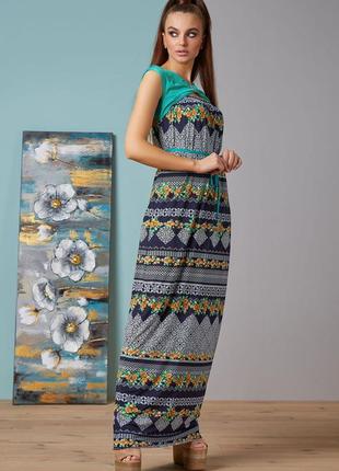 Летнее платье в пол, длинное, из трикотажа, без рукавов. цветочный принт. синее с голубым 44-463 фото
