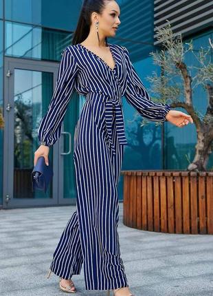 Жіночий комбінезон у смужку з широкими довгими штанами та довгим рукавом. синій s4 фото