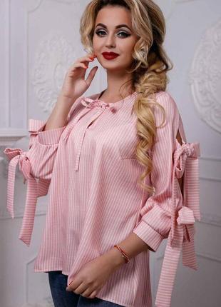 Жіноча сорочка, блузка, вільна з довгими рукавами на зав'язках у смужку. літня. рожева s