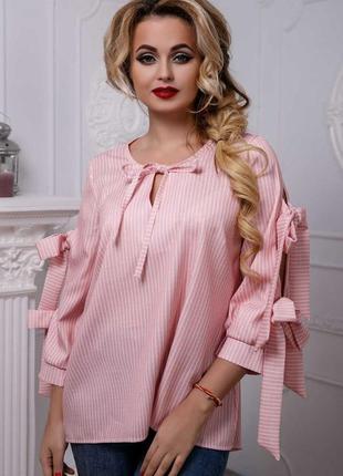 Женская рубашка,блузка, свободная с длинными рукавами на завязках в полосочку. летняя.розовая s2 фото