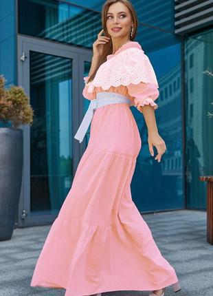 Летнее платье в пол длинное из батиста с открытыми плечами и длинными рукавами. розовое s-m3 фото