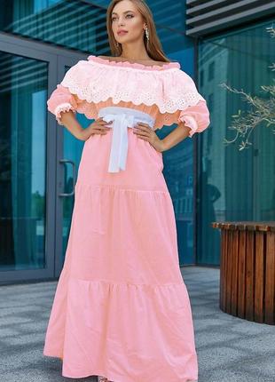 Летнее платье в пол длинное из батиста с открытыми плечами и длинными рукавами. розовое s-m2 фото