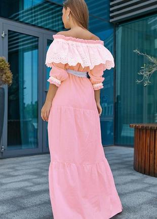 Летнее платье в пол длинное из батиста с открытыми плечами и длинными рукавами. розовое s-m5 фото