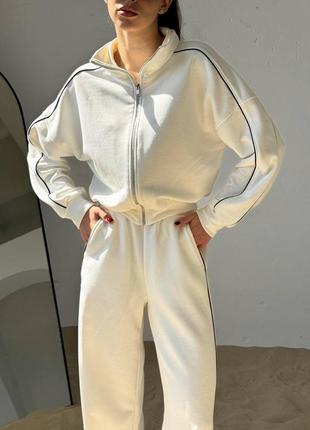 Молочный спортивный костюм весна/осень трехнитка прямые брюки/брюки+кофта на молнии xs s m l 42 44 462 фото