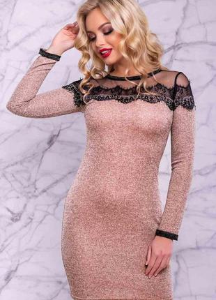 Элегантное трикотажное короткое платье, обтягивающее, с сеткой, кружевом и люрексом. розово-персик s5 фото