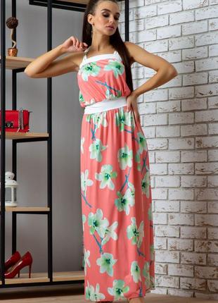 Летнее платье в пол длинное без рукавов с крупным цветочным принтом. розовое s-m4 фото