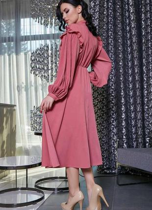 Летнее платье закрытое по колено с длинными рукавами, бантом и оборками. розовое хs-хl5 фото