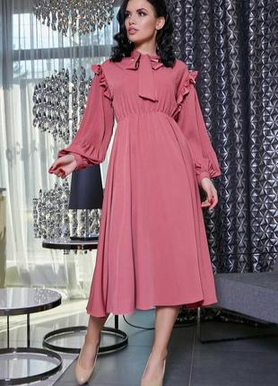 Летнее платье закрытое по колено с длинными рукавами, бантом и оборками. розовое хs-хl3 фото