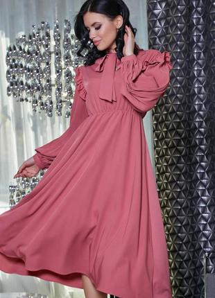 Летнее платье закрытое по колено с длинными рукавами, бантом и оборками. розовое хs-хl