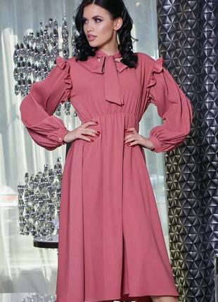Летнее платье закрытое по колено с длинными рукавами, бантом и оборками. розовое хs-хl2 фото