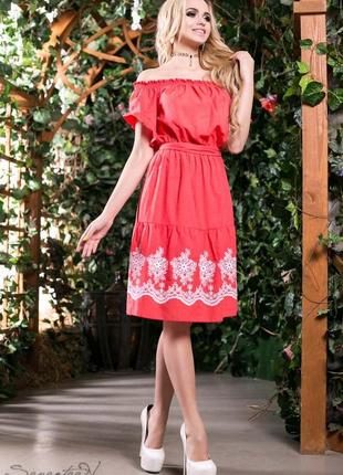 Жіноча літня сукня-сарфан по коліно зі спущеними плечима на резинці. коралове (червоне) s-m2 фото