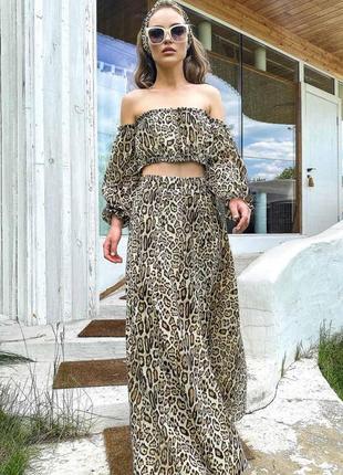 Летний женский модный открытый костюм. топ, юбка с разрезом, повязка. бежевый леопард s-m4 фото