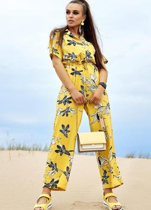 Жіночий літній комбінезон із короткими рукавами та довгими штанами. на ґудзиках. жовтий s3 фото