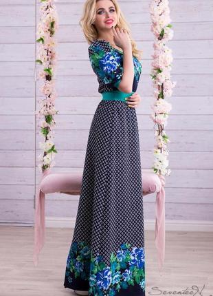 Летнее синее длинное платье макси с короткими рукавами и поясом, в горошек с принтом цветы , m2 фото