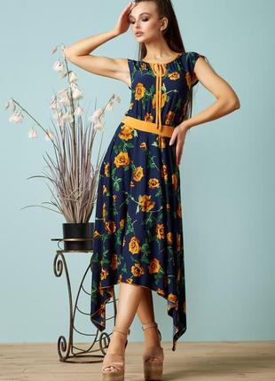 Летнее длинное асимметричное платье без рукавов с желтыми цветами. темно-синее  l-xl1 фото
