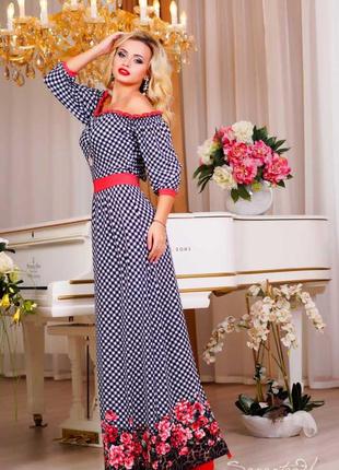 Летнее платье в пол, длинное, рукава три четверти. принт шахматка с цветами. синее s-m3 фото