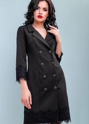 Черное платье-пиджак мини выше колена с кружевом. офисное , деловое, строгое s