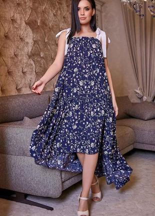 Платье-юбка в пол с асимметричным подолом на завязках. цветочный принт. сарфан-юбка.  синий s-m1 фото