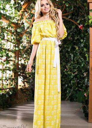 Летнее платье в пол длинное с короткими рукавами, с открытыми плечами. желтое с принтом xxl-3xl2 фото