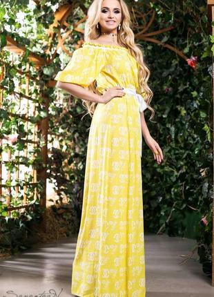 Летнее платье в пол длинное с короткими рукавами, с открытыми плечами. желтое с принтом xxl-3xl3 фото
