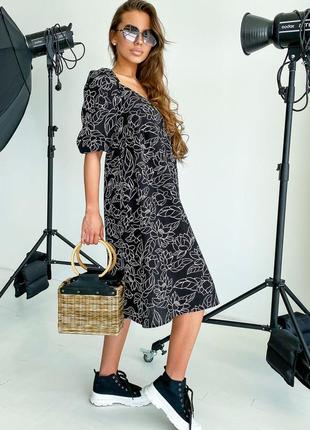 Женское летнее платье из льна, свободное, длина по колено. принт цветы. черное s-m6 фото