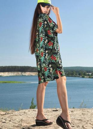 Літня жіноча пляжна туніка із принтованого льону. коротка, на зав'язках. чорний. парео s-m4 фото