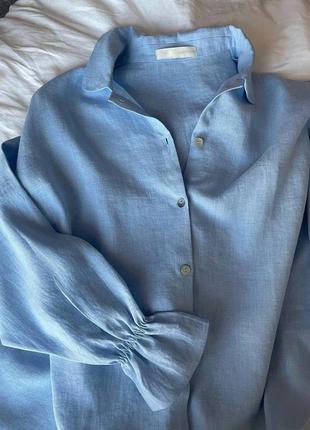 Голубой костюм брюки с воланами и рубашка из натурального льна xs s m l 42 44 465 фото
