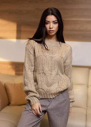 Женский свитер, джемпер с крупной вязкой. универсальный размер. оверсайз. бежевый un7 фото