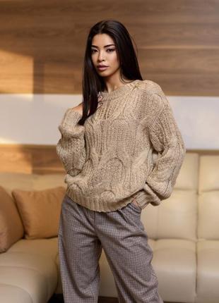 Жіночий светр, джемпер з великою в'язкою. універсальний розмір. оверсайз. бежевий un8 фото