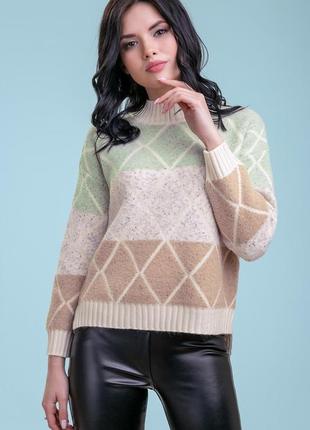 Женский свитер с рисунком из ромбов, в полоску. универсальный размер. серый s-xl
