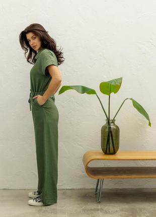 Женский летний комбинезон, штаны и рубашка, льняной. зеленый  s-m4 фото